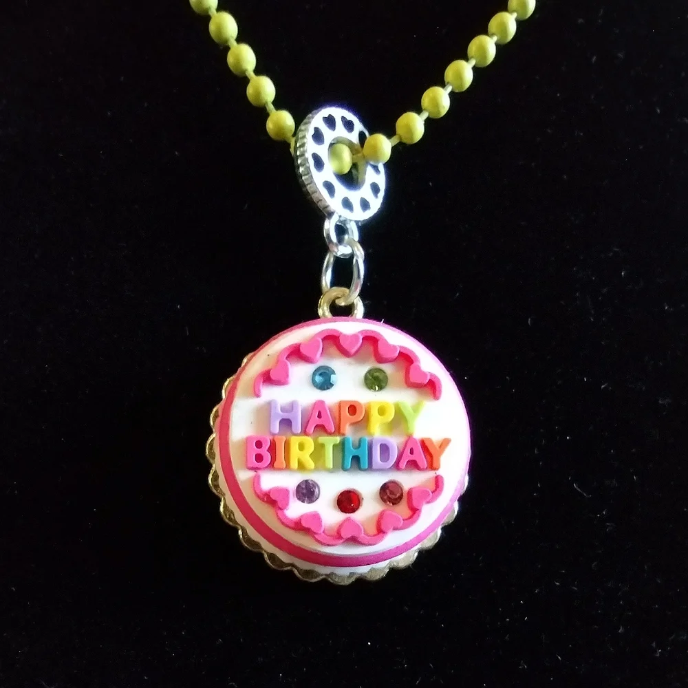 Happy Birthday Cake Pendant Charm on a yellow Ball chain Necklace